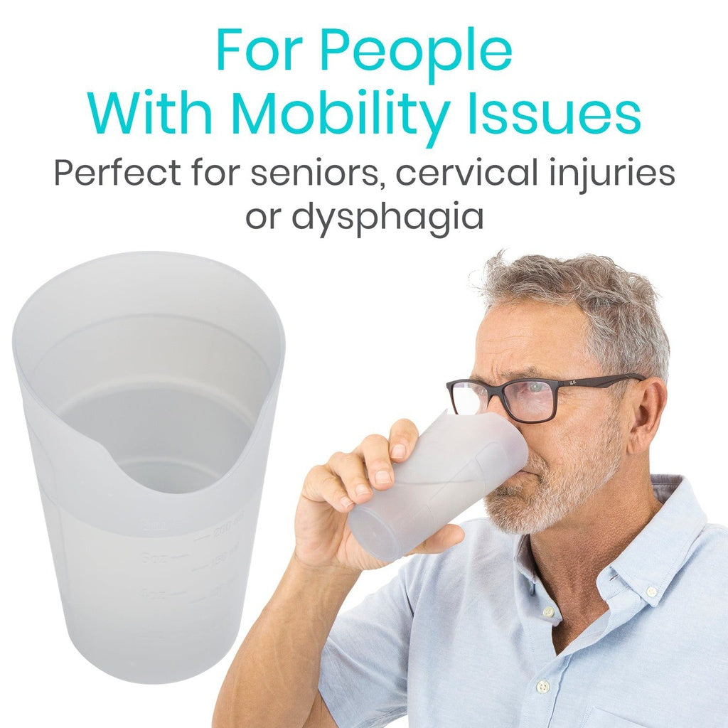 Man drinking from a white cup with text about its use for people with mobility issues.