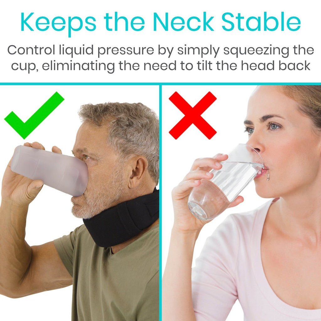 Comparison of using a neck support device versus not using it while drinking from a cup.
