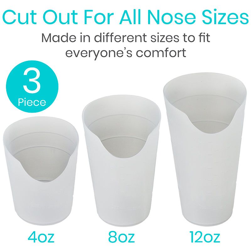 Three white cups of different sizes with text indicating they are cut out for all nose sizes and made in various sizes.
