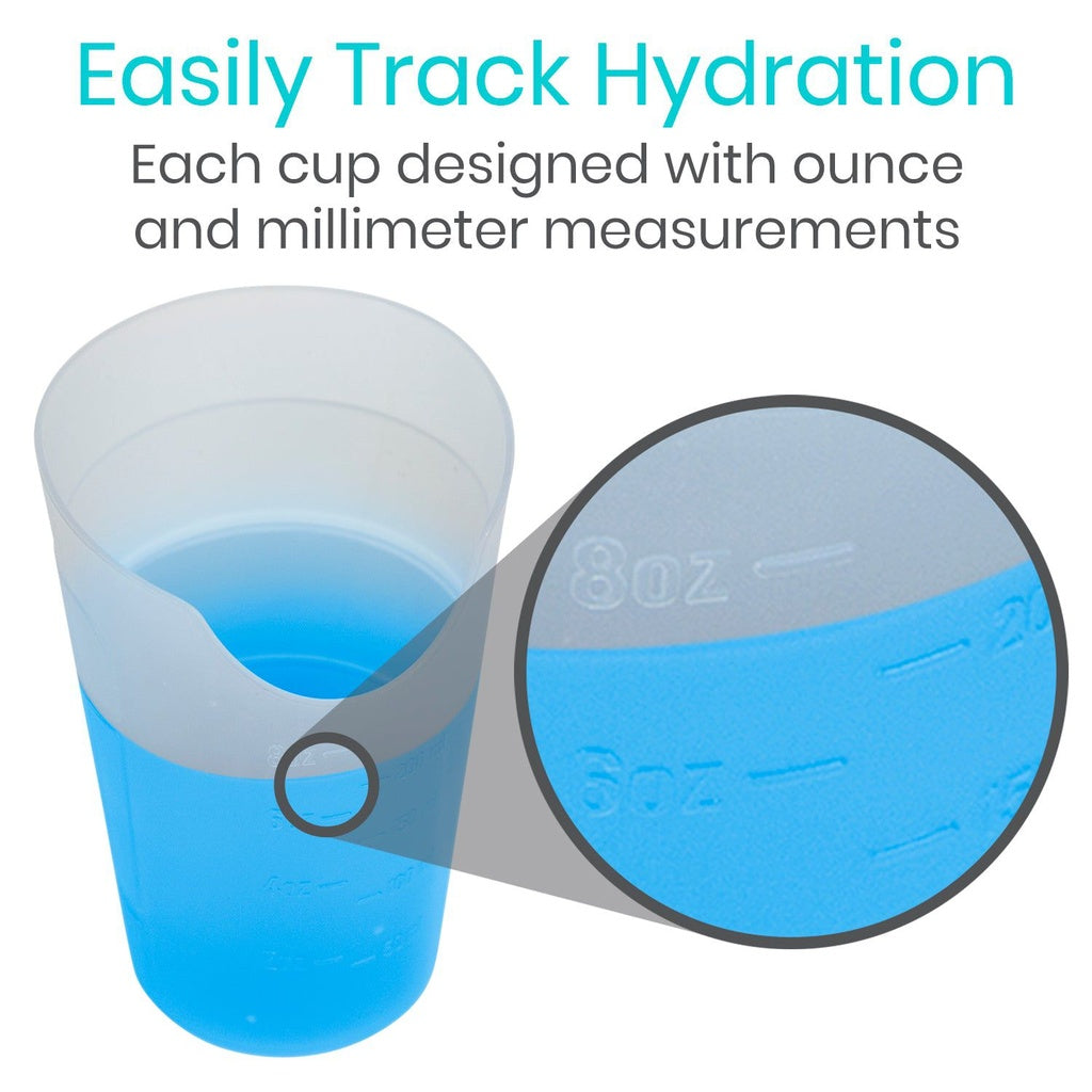 Hydration tracking cup with measurement markings on a white background