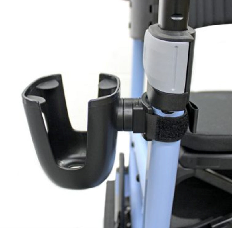 Black cup holder attached to a blue and gray stroller on a white background