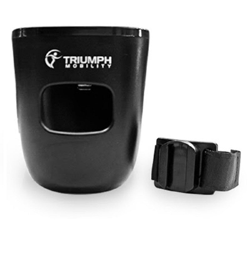 Black cup holder with attached clip on a white background, featuring Triumph Mobility logo.