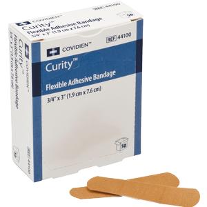 Curity flexible adhesive bandage box with bandages on a white background