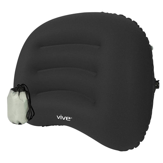 Black inflatable pillow with 'Vive' branding on a white background