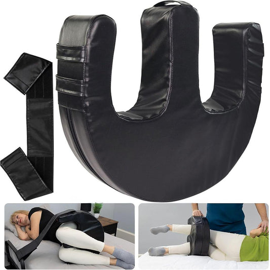 Black U-shaped body pillow with straps, shown in various angles and usage scenarios.