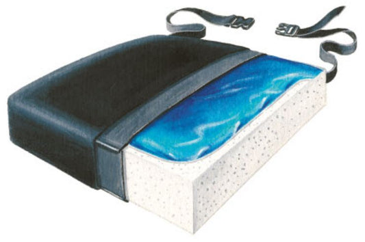 Ergonomic seat cushion with blue gel insert and straps on a white background