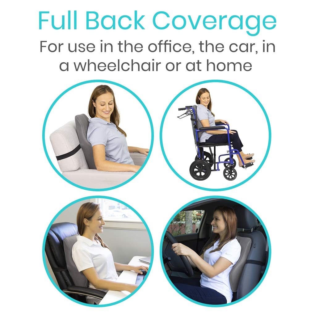 Product advertisement showing a woman using the product in various settings like office, car, wheelchair, and home.