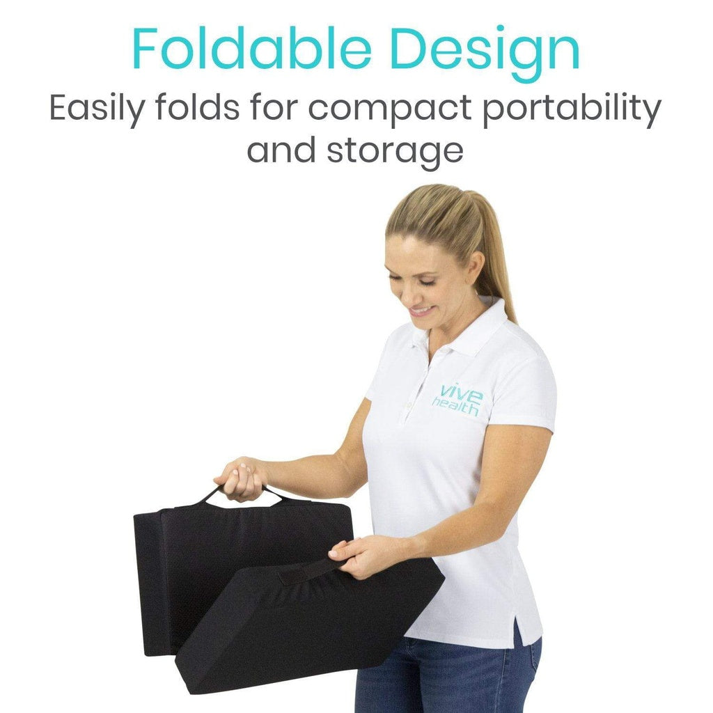 Woman holding a black foldable product with text about its design and portability.