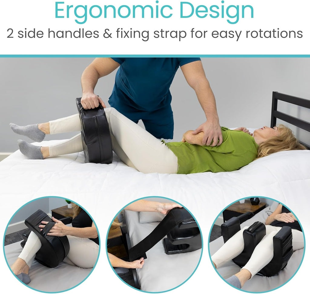 Person using a bed rail with ergonomic design features on a bed.