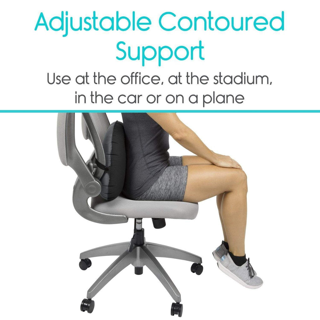 Person sitting on an adjustable office chair with text about support and usage scenarios.