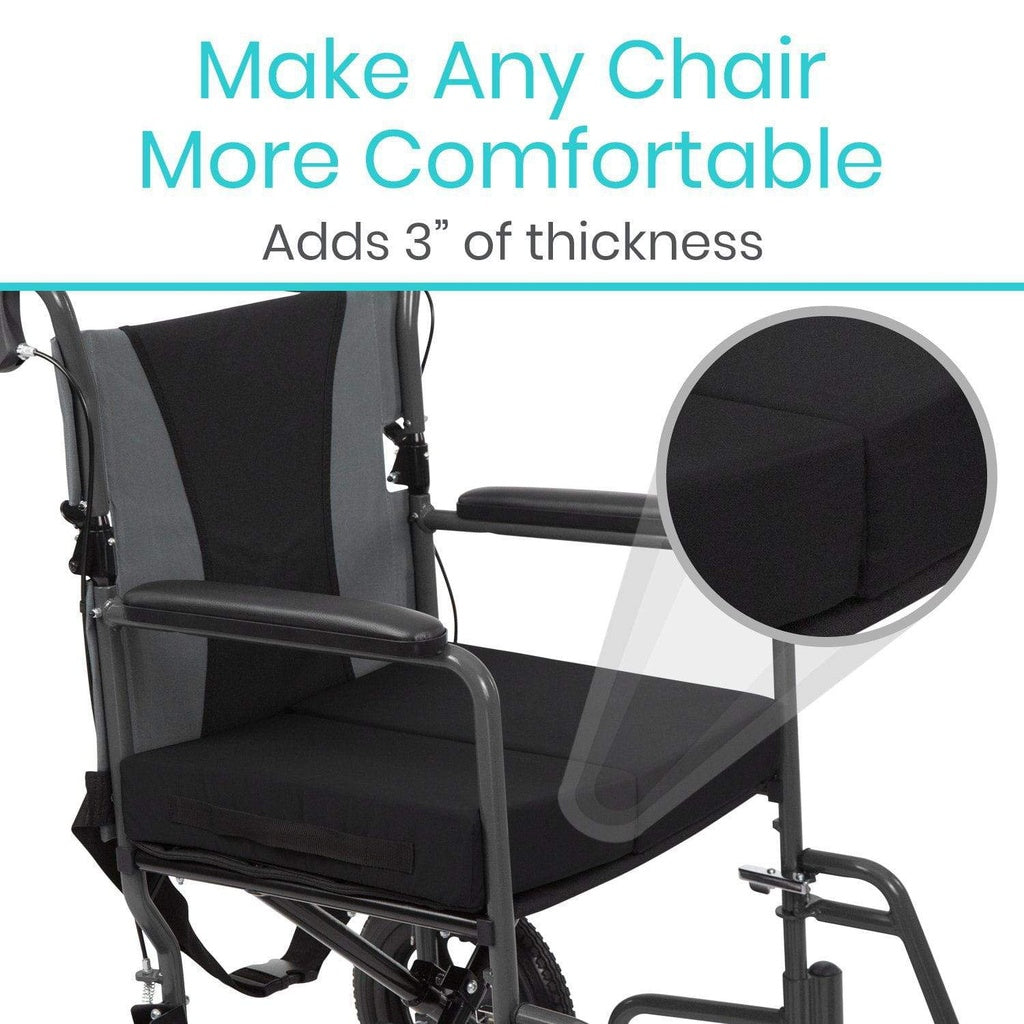 Wheelchair with added cushion showing increased thickness, text 'Make Any Chair More Comfortable Adds 3" of thickness'.