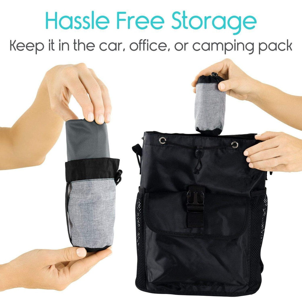 Black storage bag with gray interior compartments being used by hands, with text 'Hassle Free Storage' on a white background.