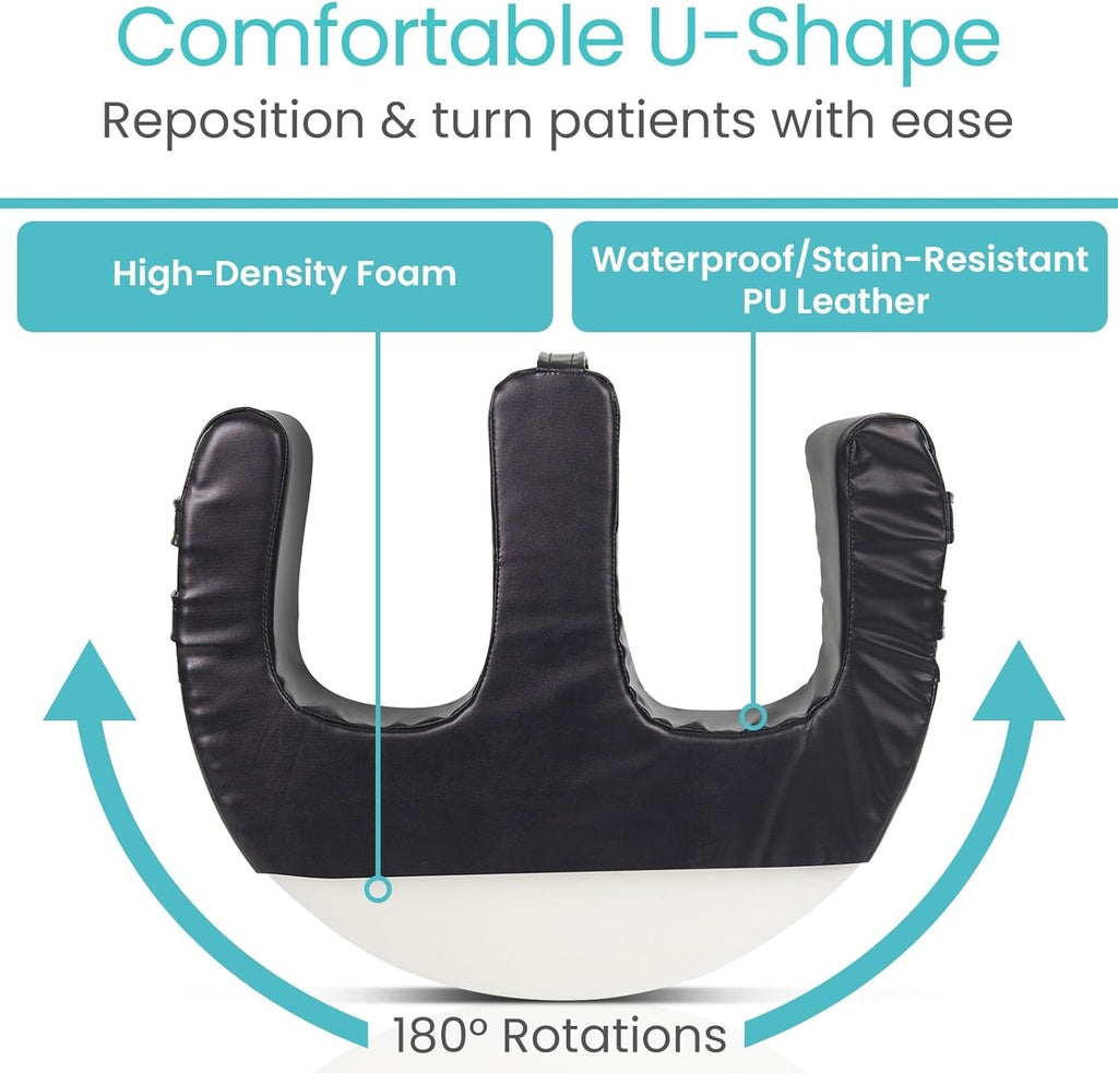Black U-shaped medical device with text highlighting features on a white background
