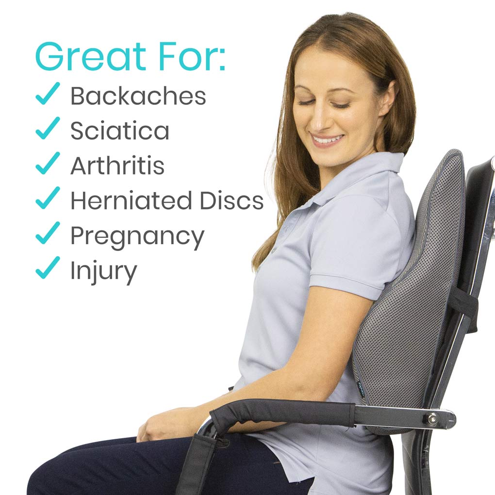 Woman sitting in a ergonomic chair with text highlighting its benefits for various health conditions.