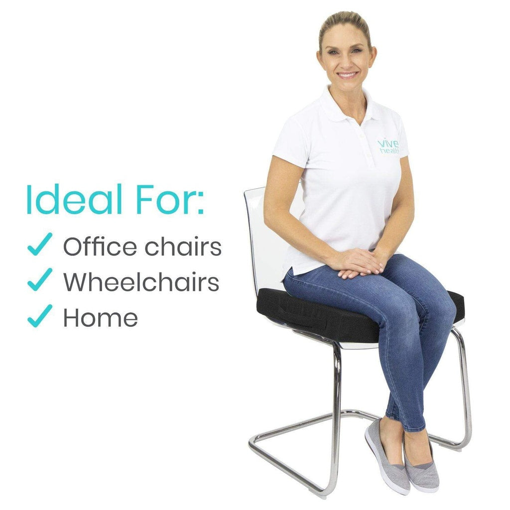 Woman sitting on a chair with text indicating it's ideal for office chairs, wheelchairs, and home use.