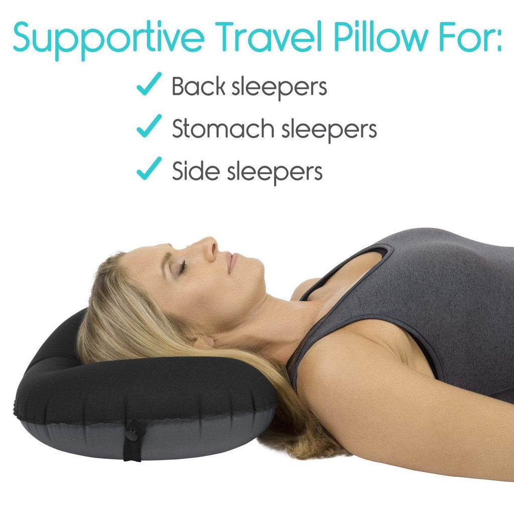 Supportive travel pillow for back, stomach, and side sleepers with a woman using it.