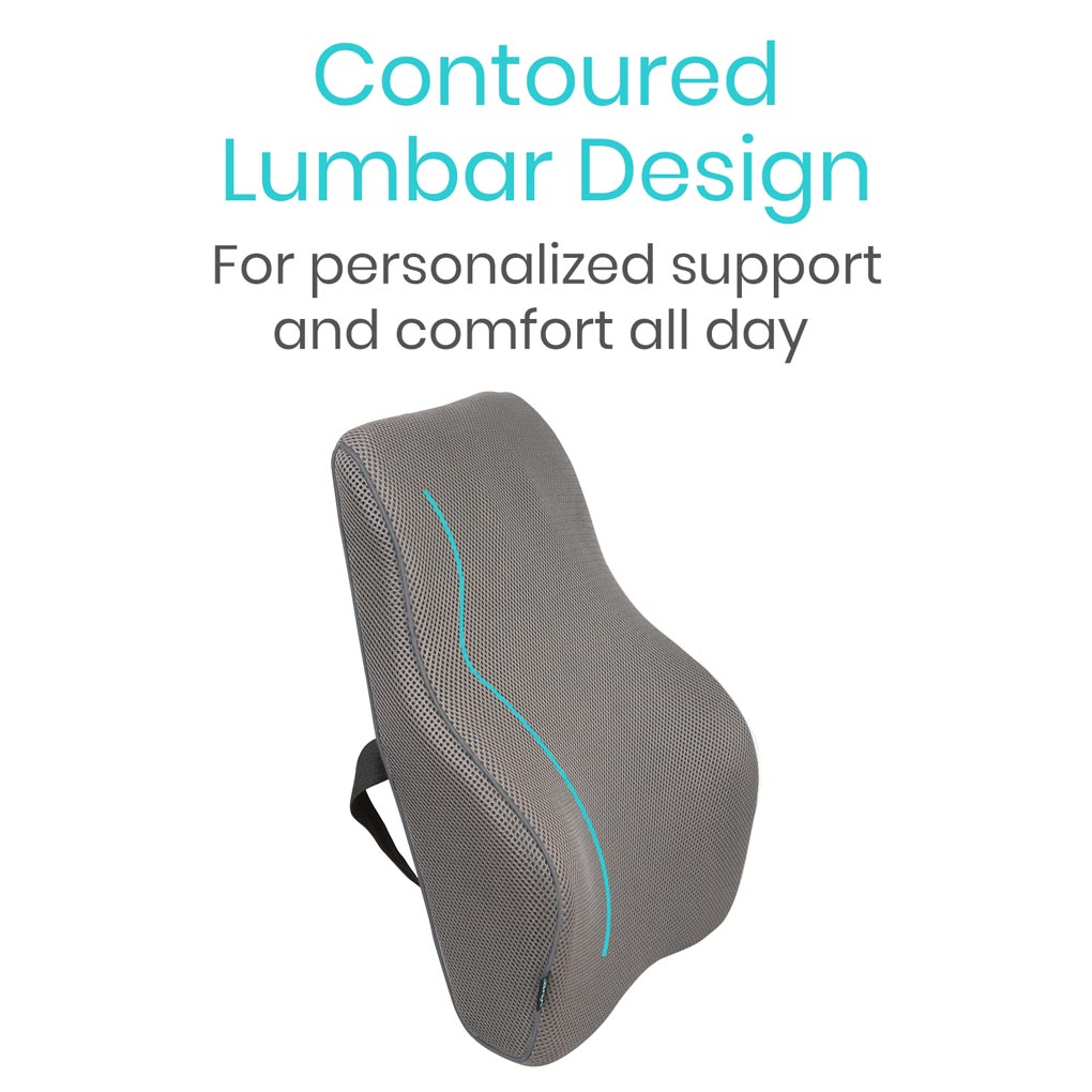 Gray contoured lumbar support pillow with text on a white background