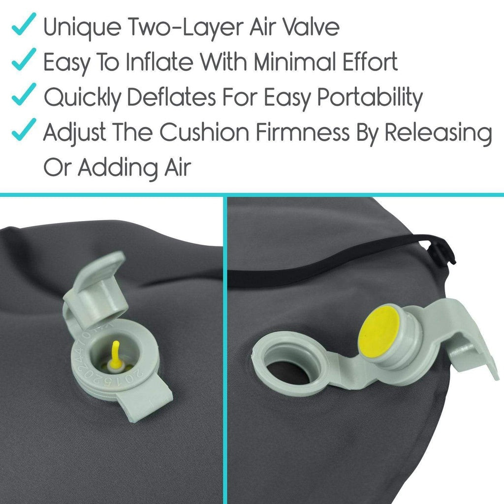 Inflatable cushion with air valve and text highlighting features