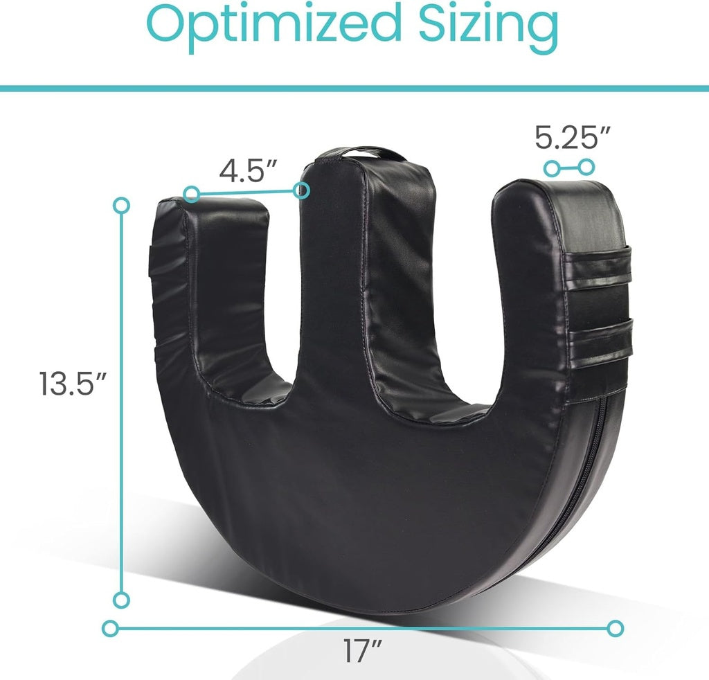 Black U-shaped product with measurements on a white background