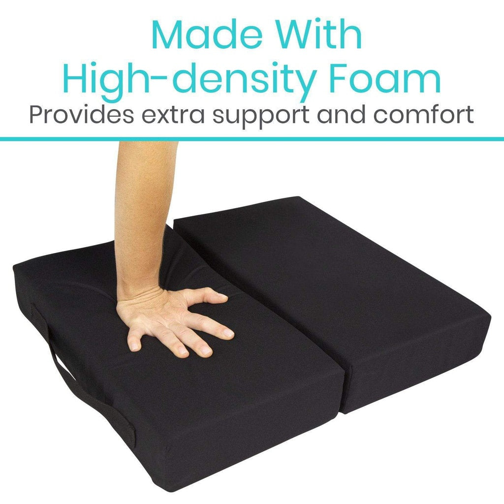 Black foam cushion with a hand pressing down, text 'Made With High-density Foam Provides extra support and comfort' above.