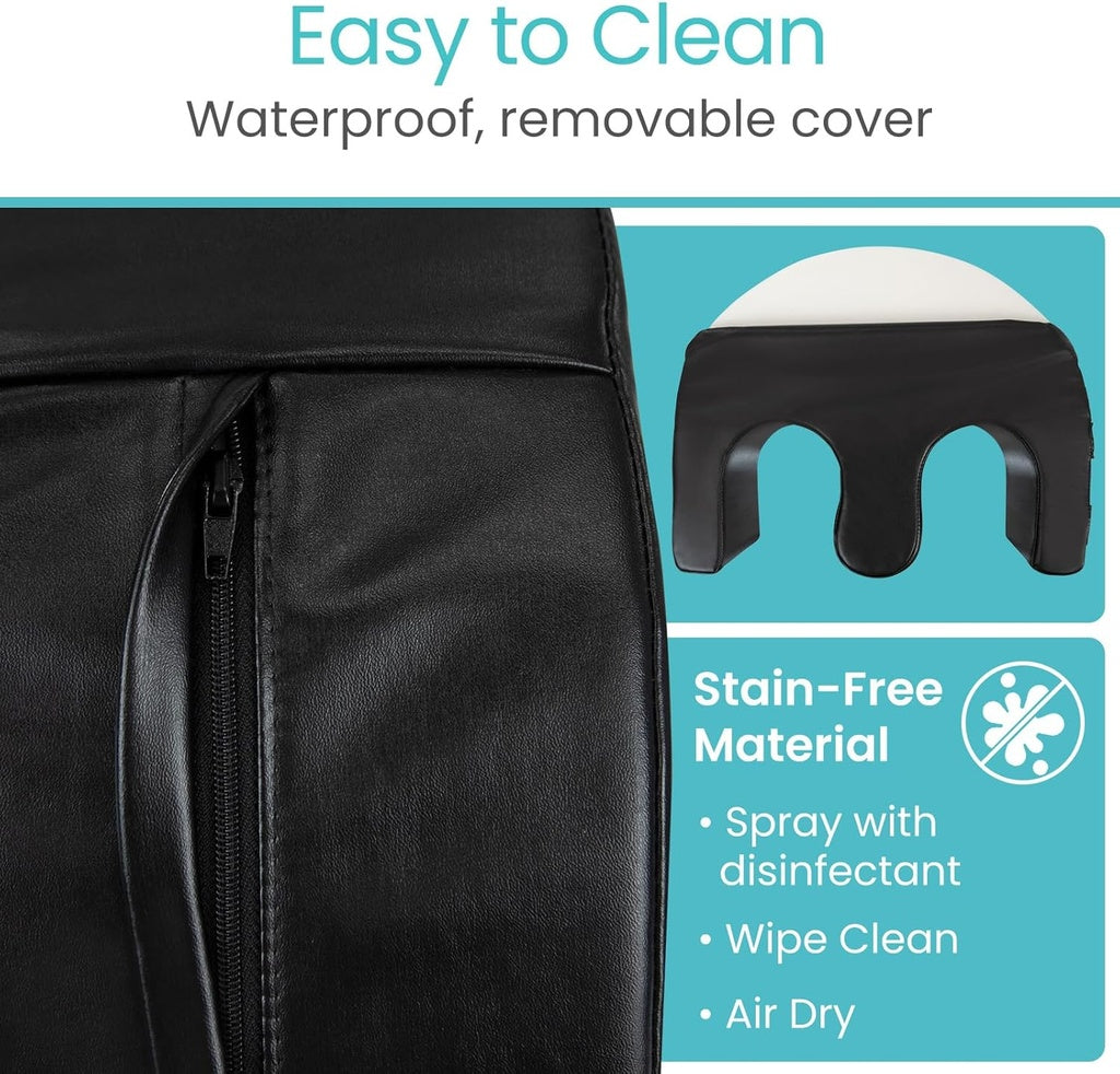 Black bag with waterproof, removable cover feature and cleaning instructions on a blue background