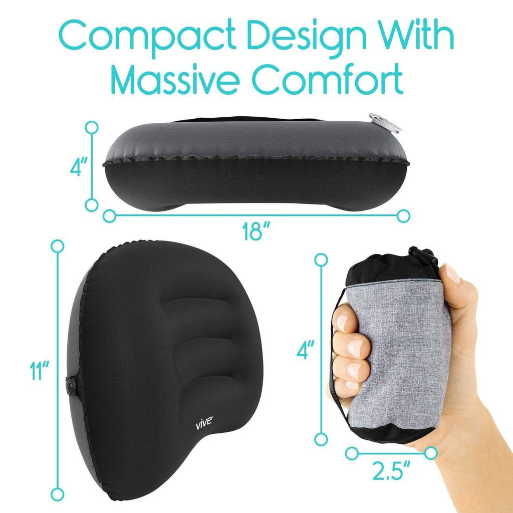 Black inflatable travel pillow with measurements and a hand holding it in a sleeve on a white background.