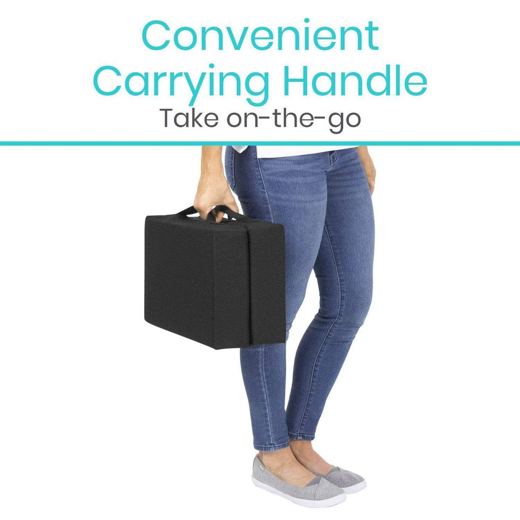 Person holding a black carrying case with text 'Convenient Carrying Handle Take on-the-go' on a white background