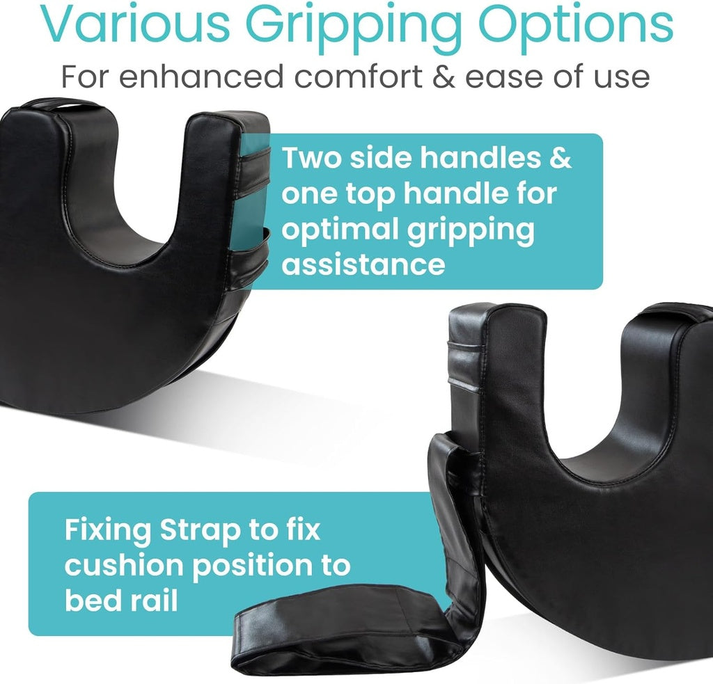 Black bed rail with side and top handles and fixing strap on a white background