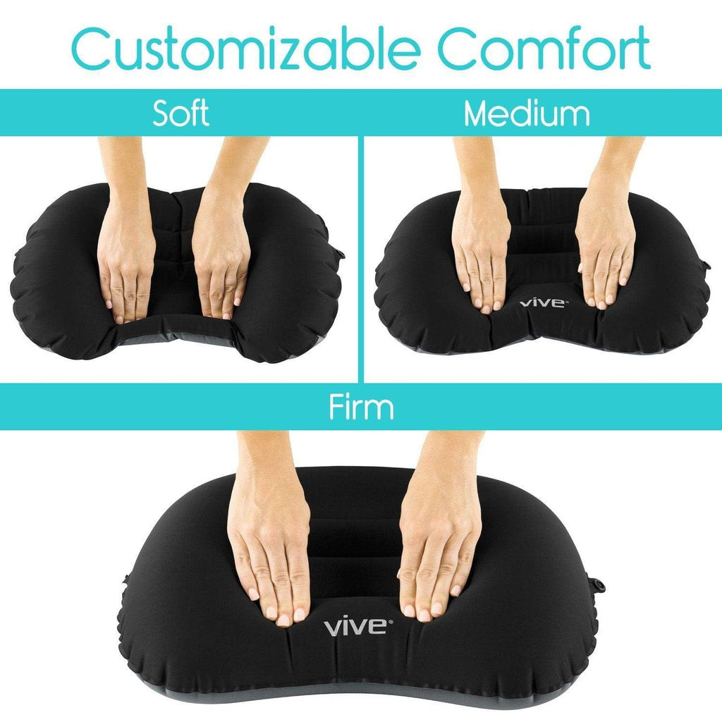 Vive inflatable pillow shown in soft, medium, and firm settings with hands pressing down.