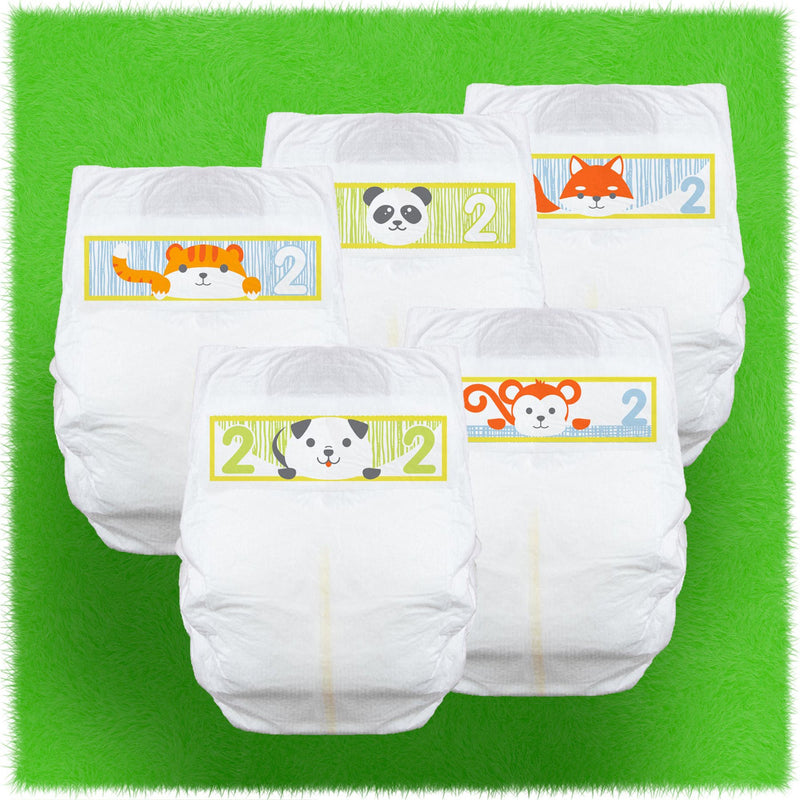 Set of baby diapers with cartoon animal labels on a green background