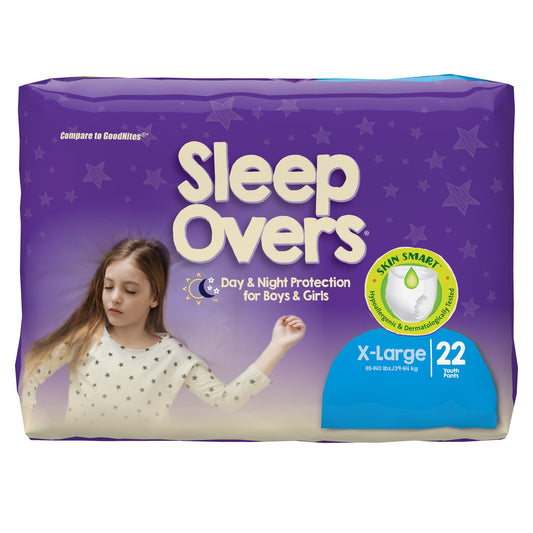 Package of Sleep Overs diapers for boys and girls with a purple background and a girl in pajamas on it.