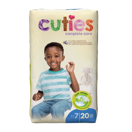 Pack of Cuties diapers with a child model on a white background