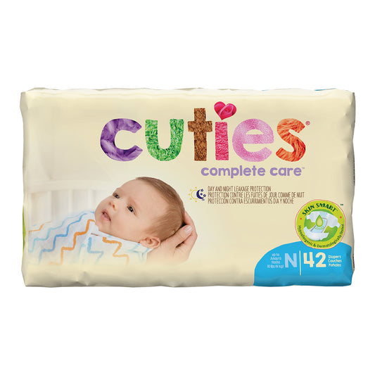 Package of Cuties complete care diapers with a baby on the label.