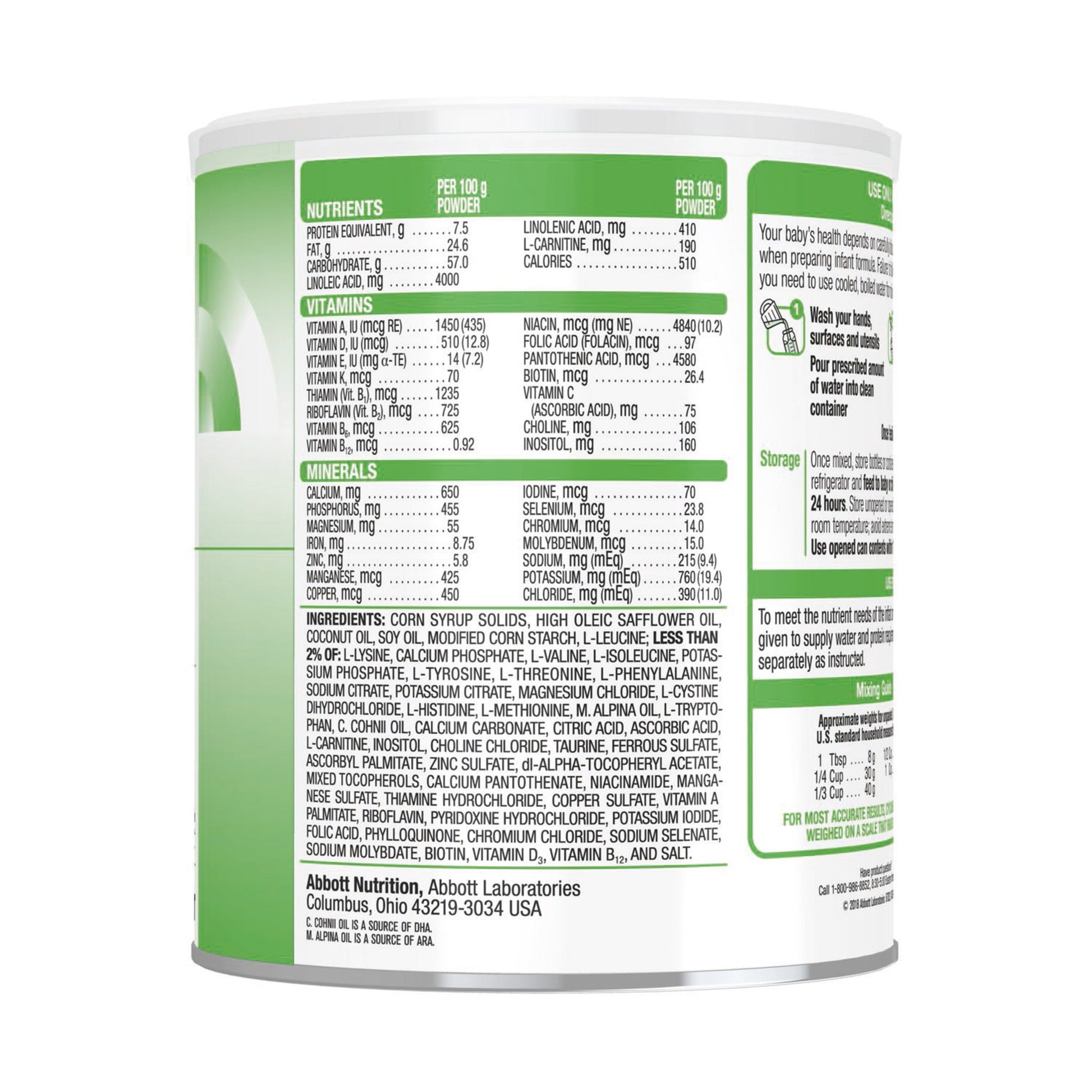 Nutritional label on a green and white container