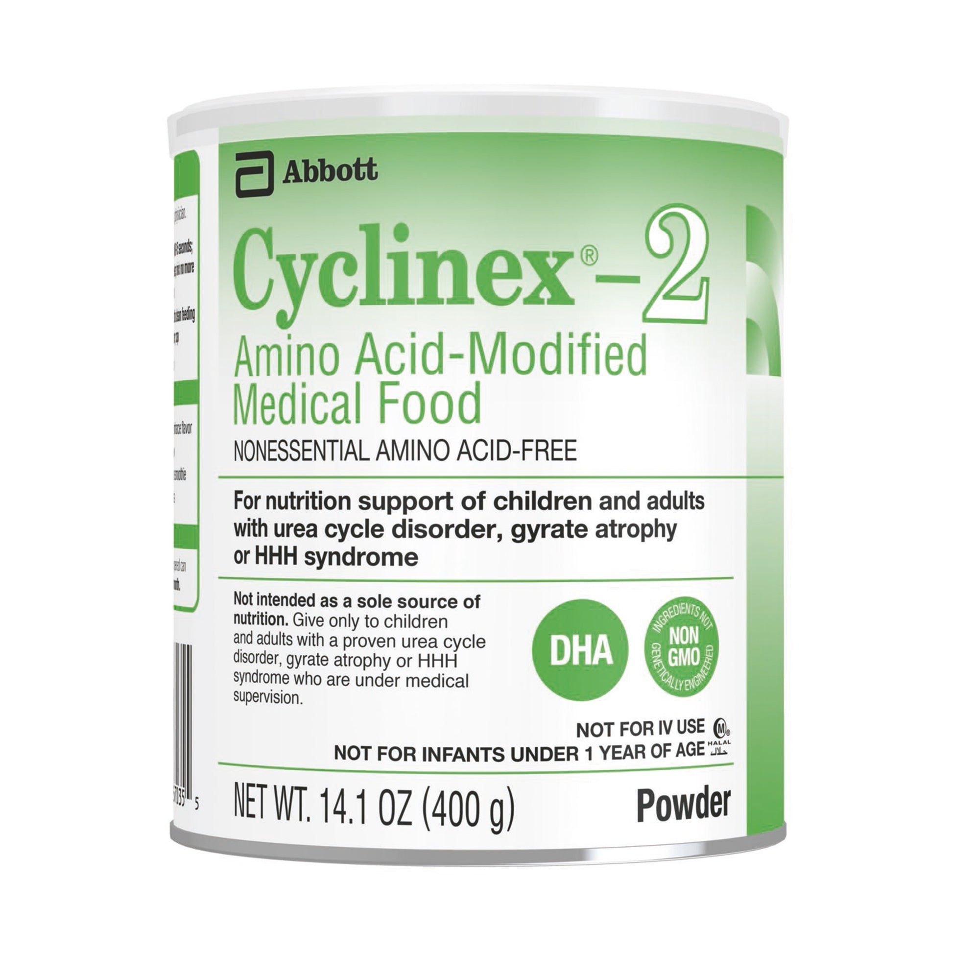 Cyclinex-2 amino acid-modified medical food canister by Abbott on a white background