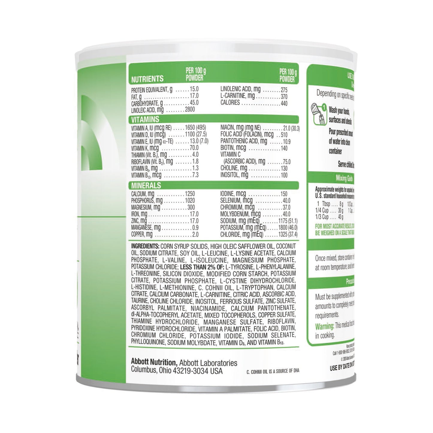 Nutritional label on a supplement container with green and white design.