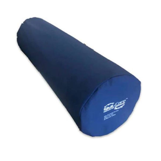 Blue cylindrical foam roller on a white background