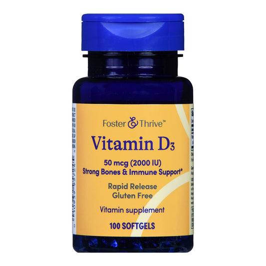 Foster & Thrive Vitamin D3 supplement bottle on a white background