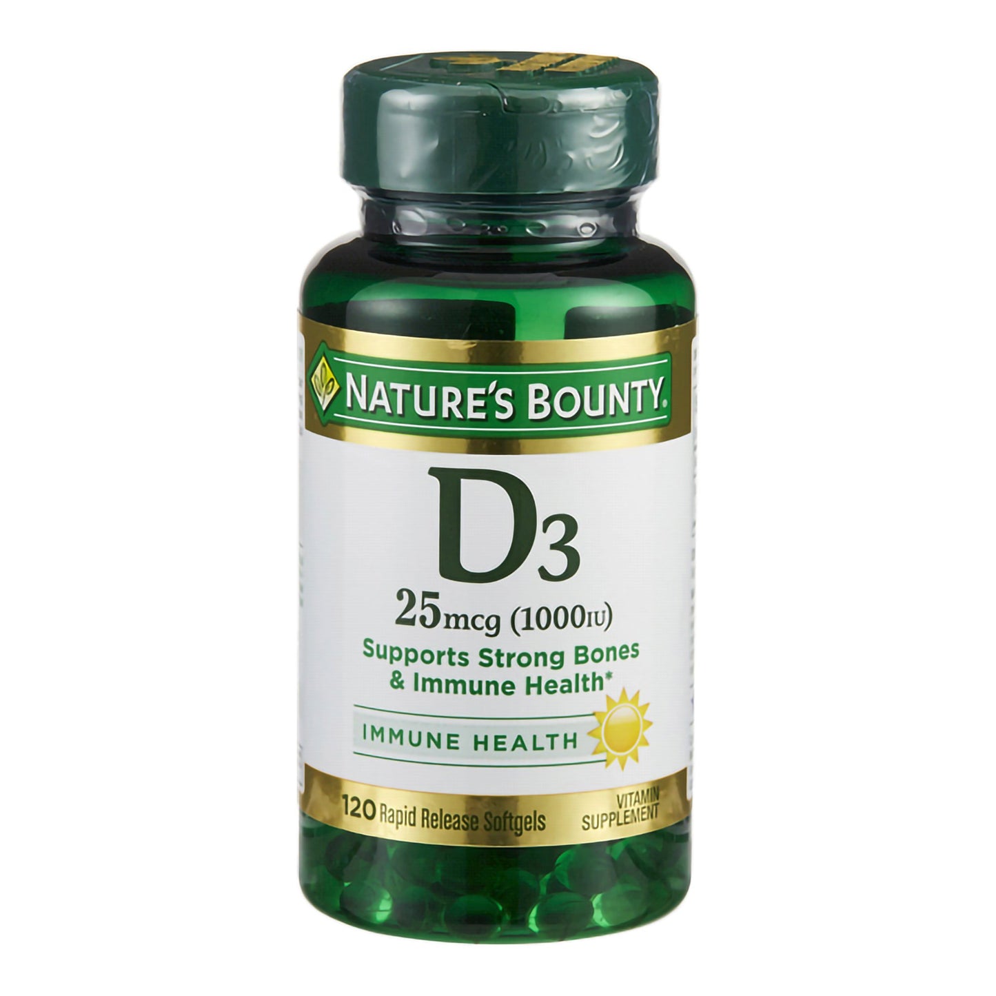 Nature's Bounty D3 supplement bottle on a white background