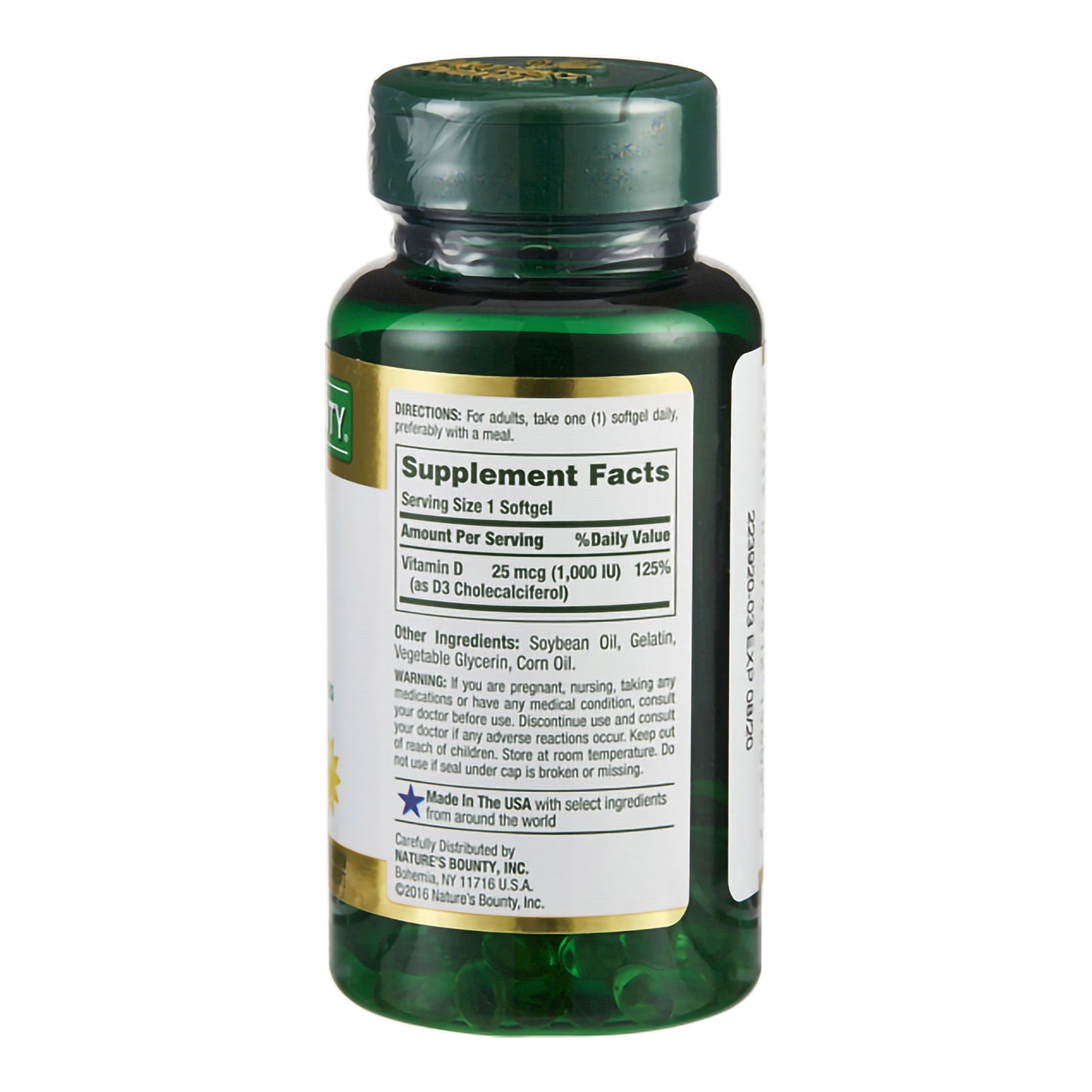 Green supplement bottle with label on a white background