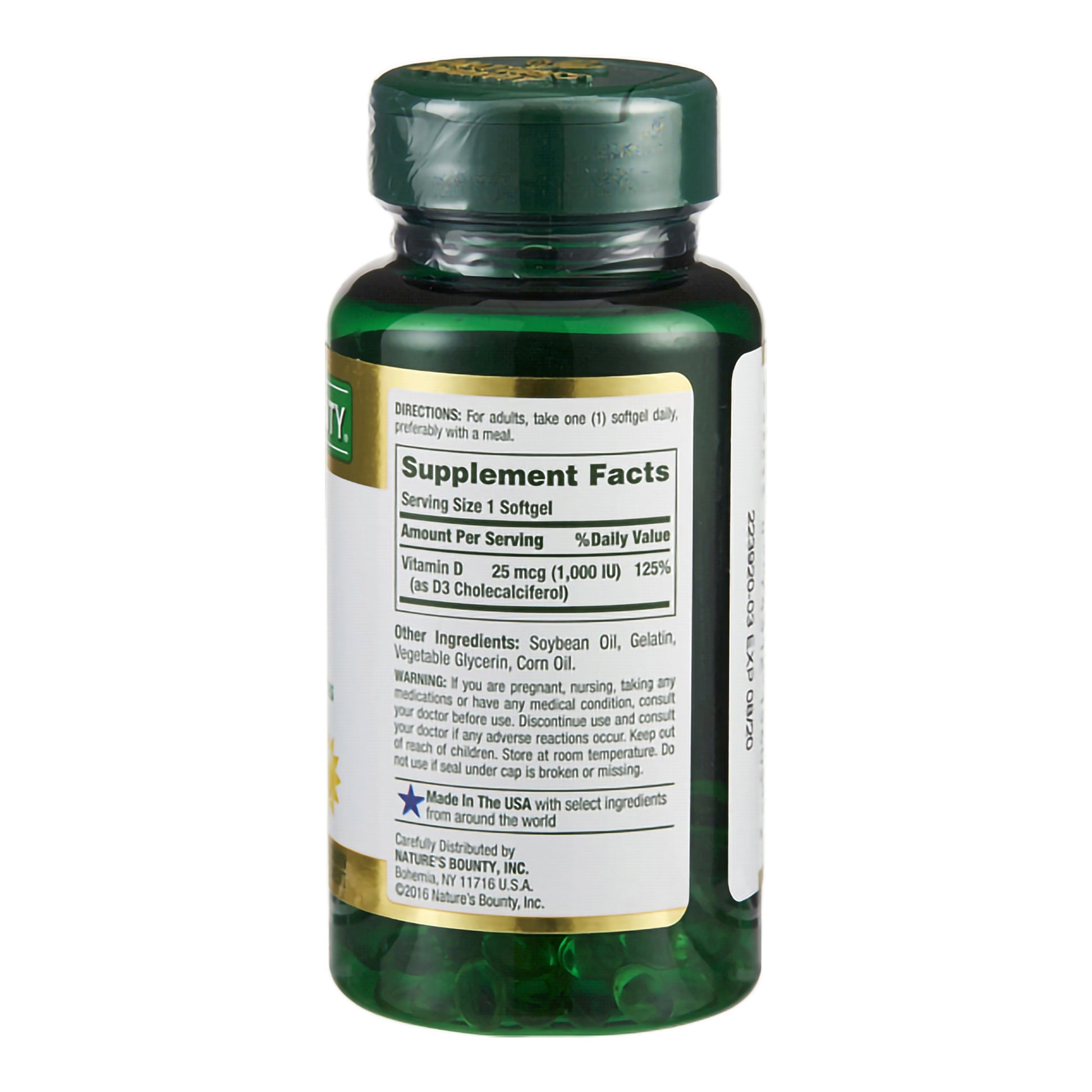 Green supplement bottle with label on a white background