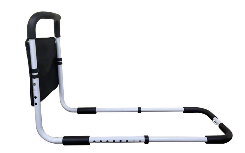 White and black adjustable bed rail on a white background