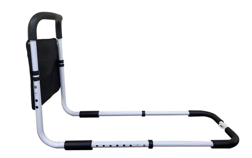 White and black adjustable bed rail on a white background