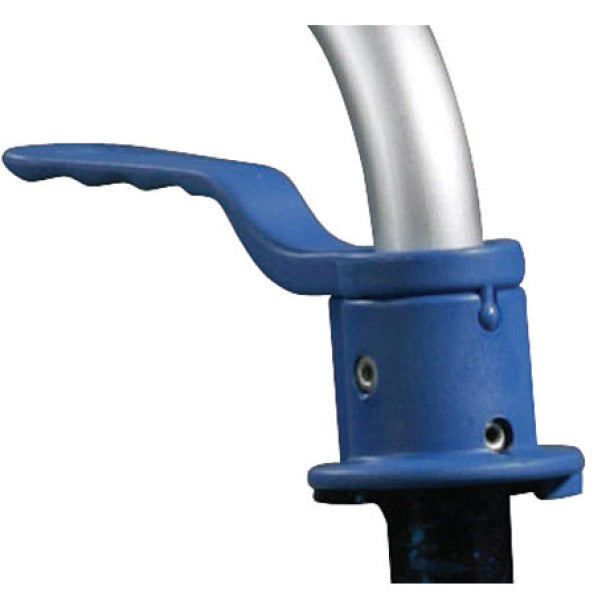 Blue handlebar riser attached to a silver metal bar on a white background