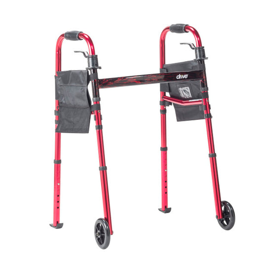 Red and black walker with wheels on a white background