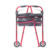 Red walker with a black bag on a white background