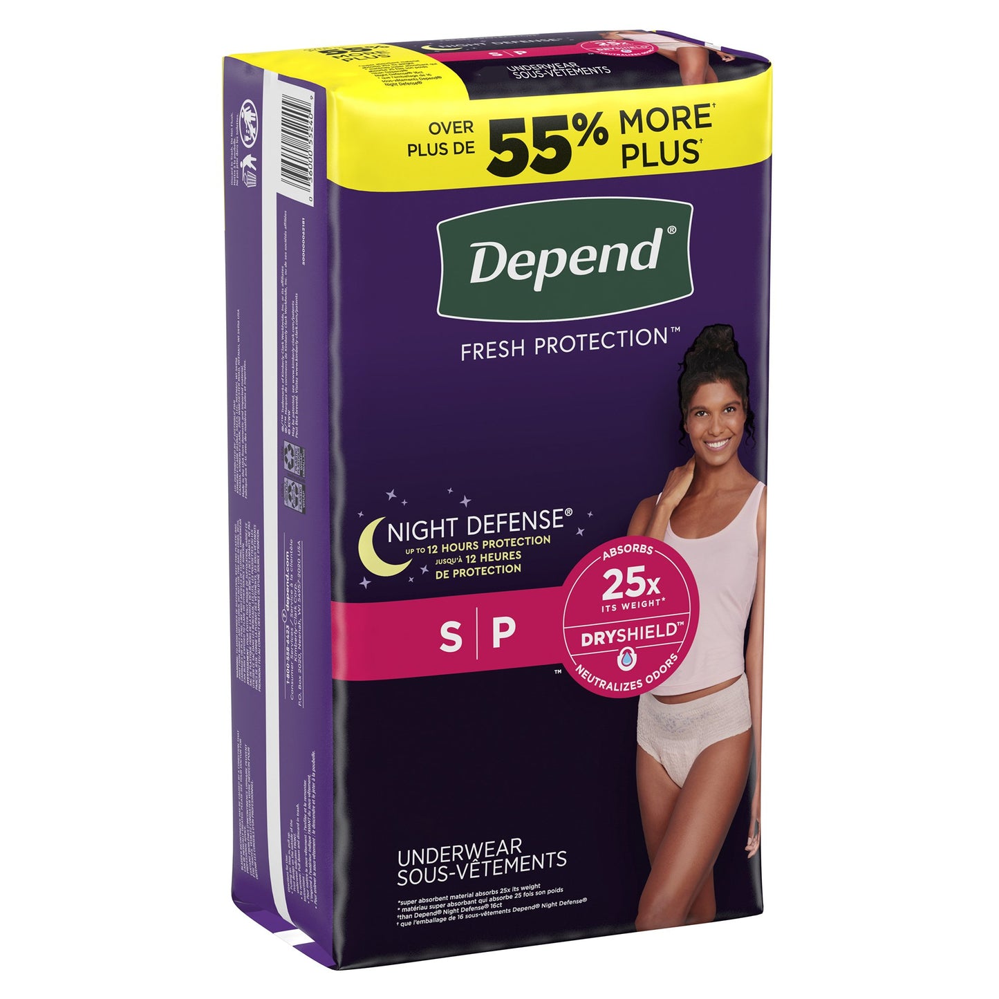 Packaging of Depend Fresh Protection Night Defense underwear on a white background