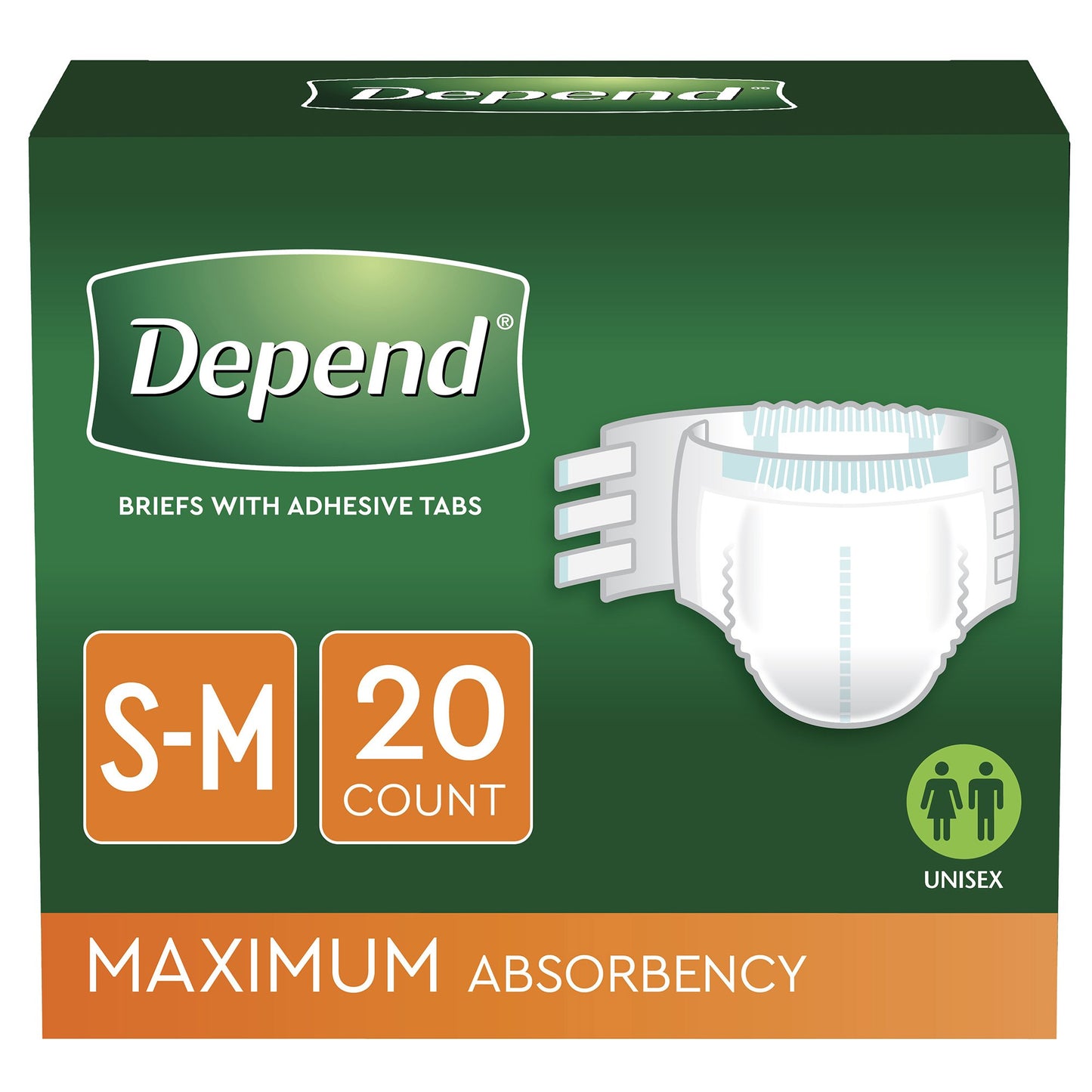 Box of Depend briefs with adhesive tabs on a green background