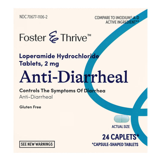 Foster & Thrive Anti-Diarrheal medication packaging on a beige background