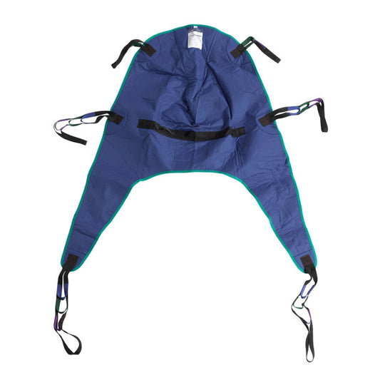Blue patient restraint with straps on a white background